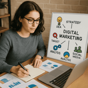 Digital marketing strategy illustration with SEO and analytics concepts