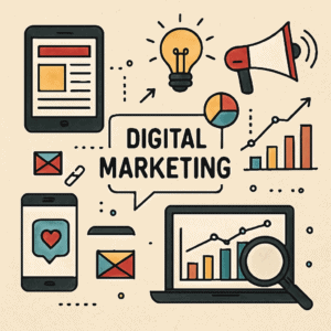 Digital marketing services illustration with SEO and analytics concepts