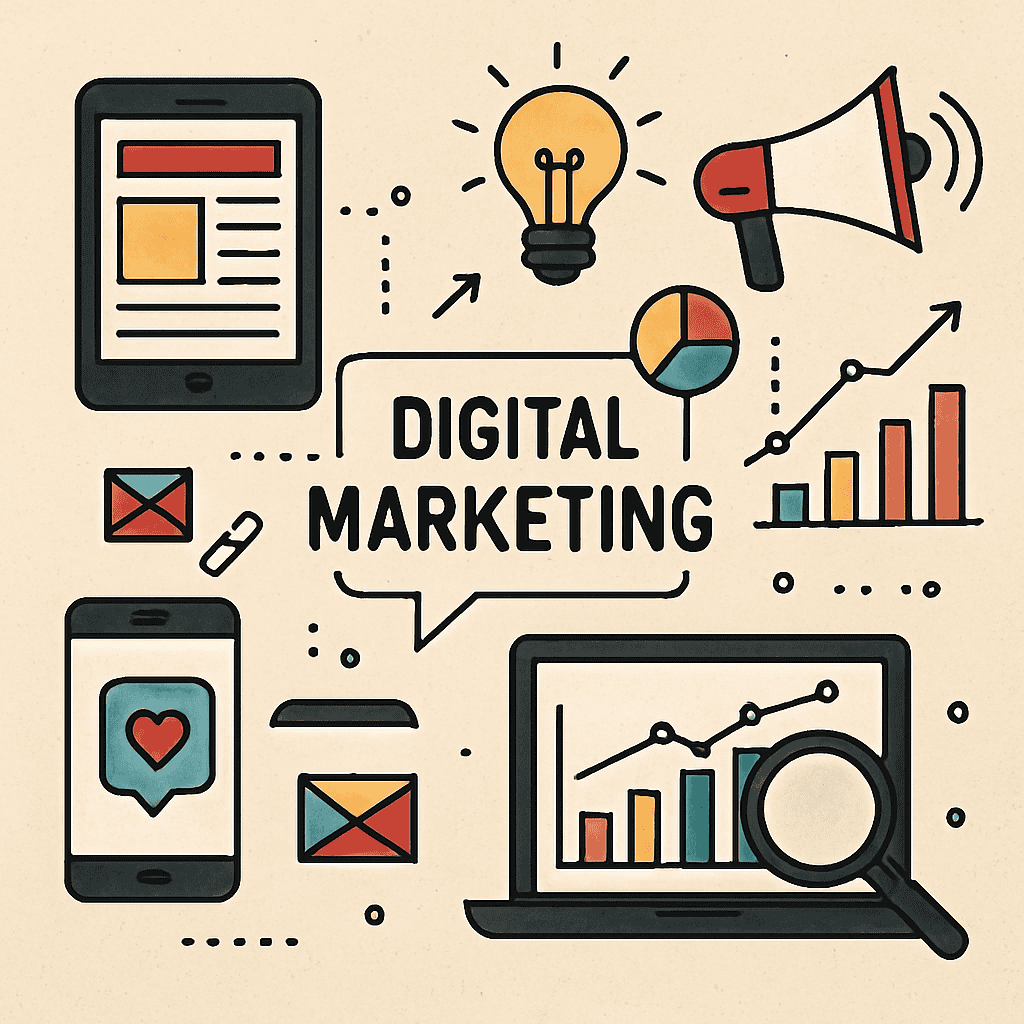 Digital marketing services illustration with SEO and analytics concepts