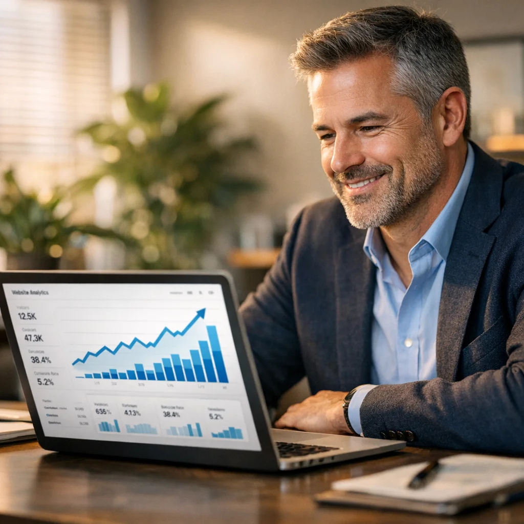 A professional business owner sitting at a modern desk, looking at a laptop screen showing website analytics with upward trending graphs, warm natural lighting, office setting with plants, genuine satisfied expression, shallow depth of field, editorial style photography