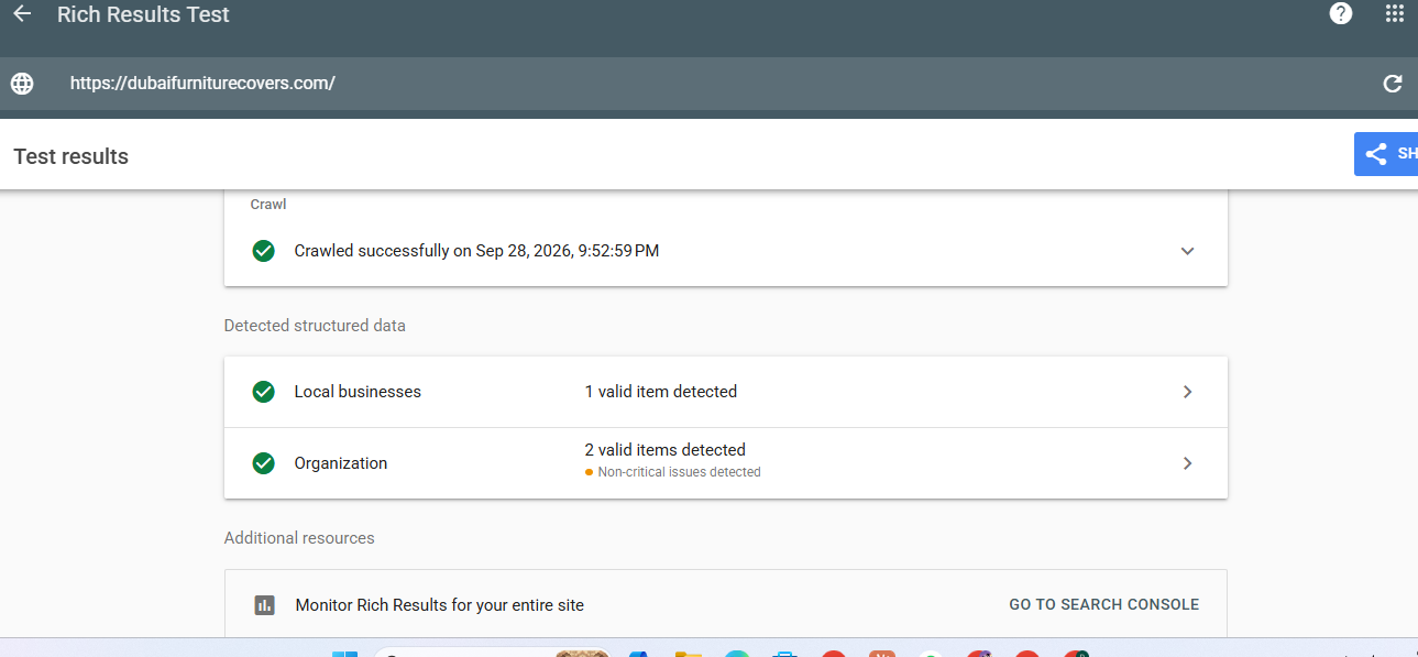 Rich Results Test showing valid LocalBusiness and Organization schema on dubaifurniturecovers.com